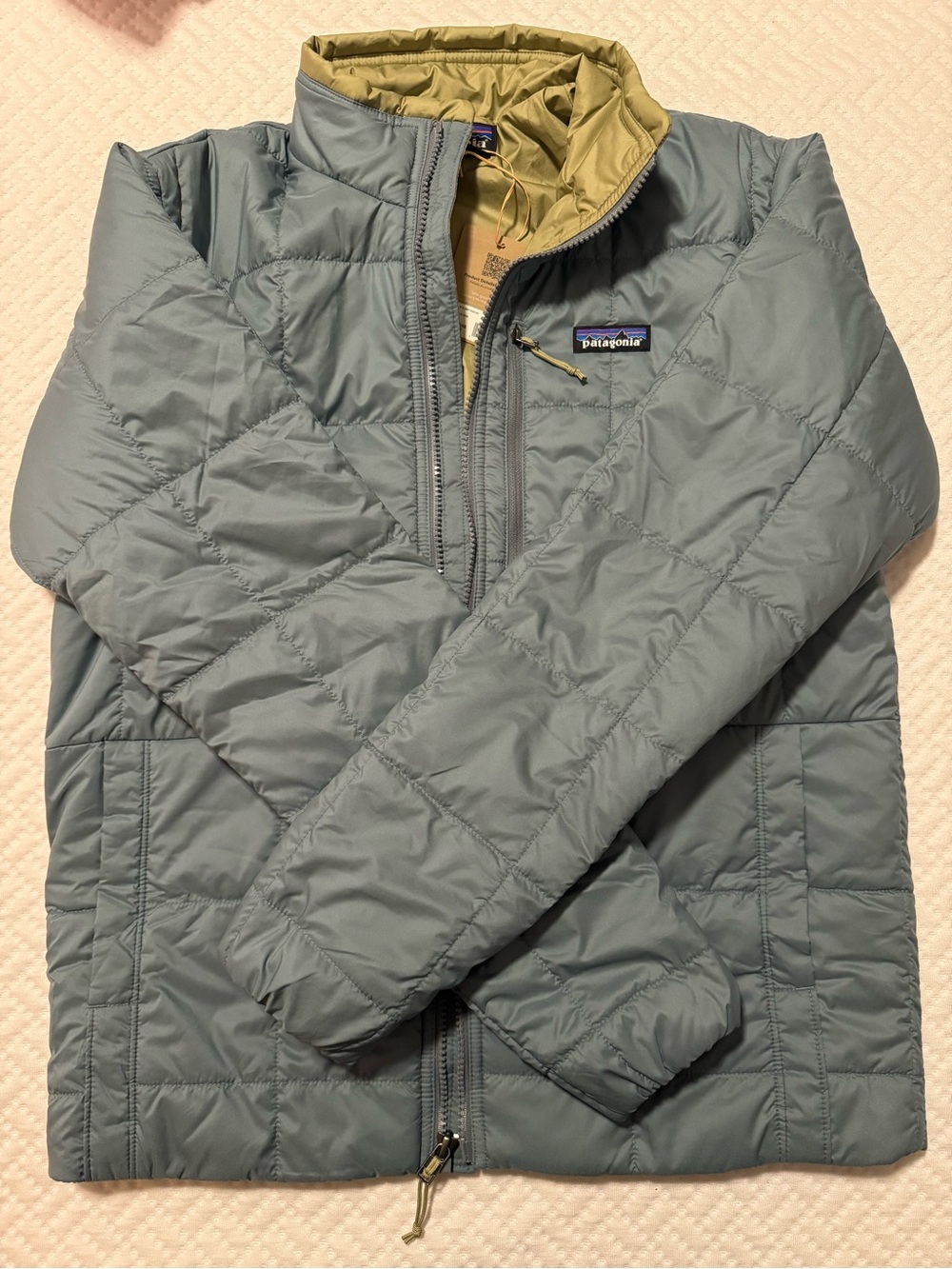 Patagonia Men's Quilted Puffer Jacket in Slate Blue with Tan Collar